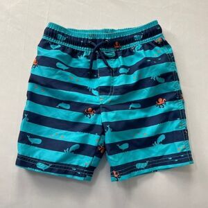 Carters Boys 4T Swim Trunks Blue Teal Striped Whale Octopus Mesh